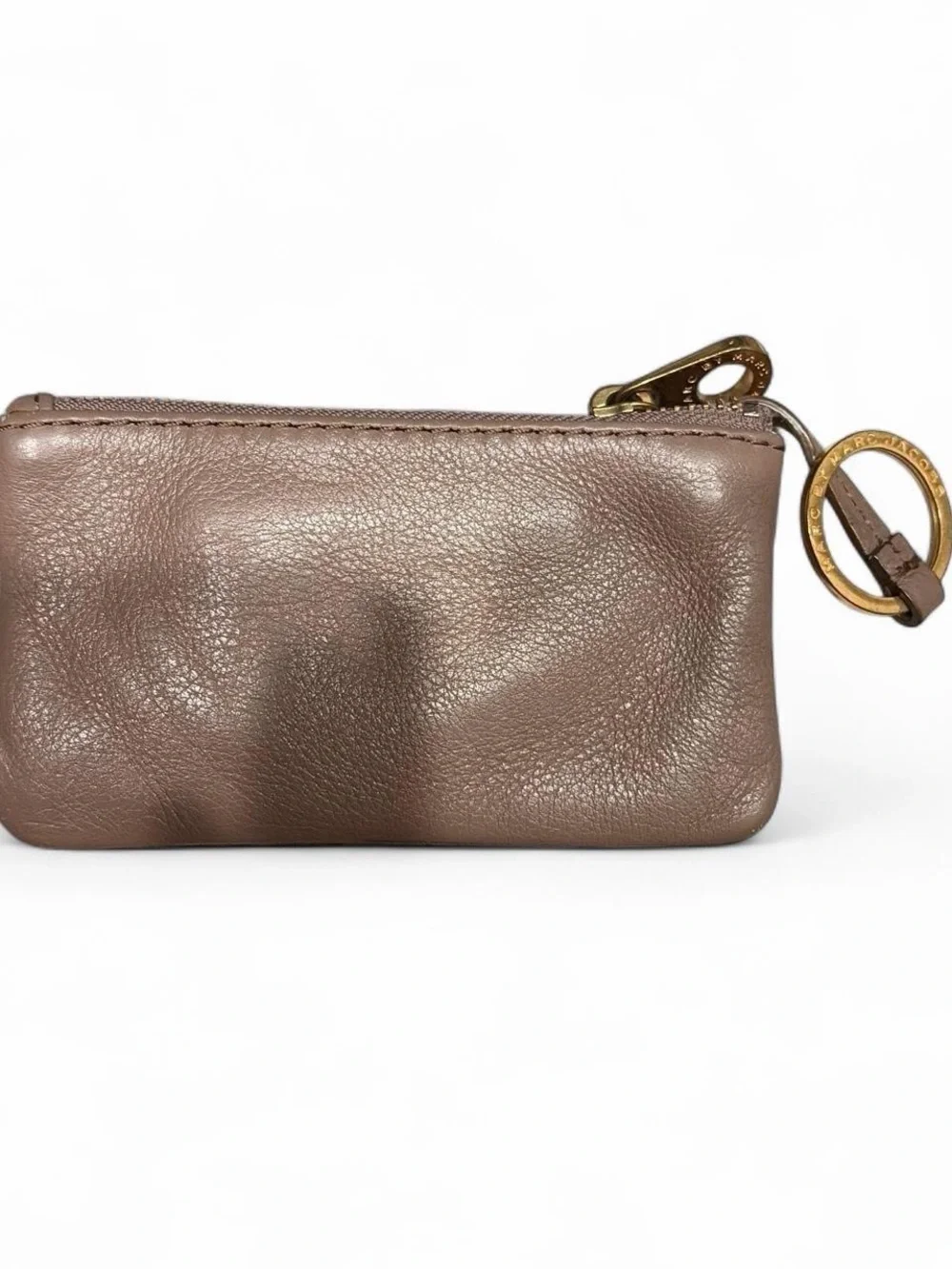 Marc by Marc Jacobs Brown Leather Zip Key Coin Pouch with Gold Plate